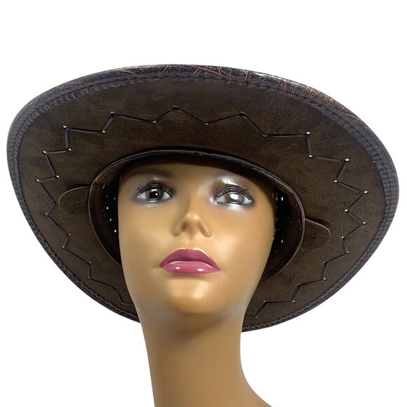 Embossed Leaf Pattern Cutout Design Western Cowboy Hat Dark Brown Vegan Leather - Picture 3 of 7